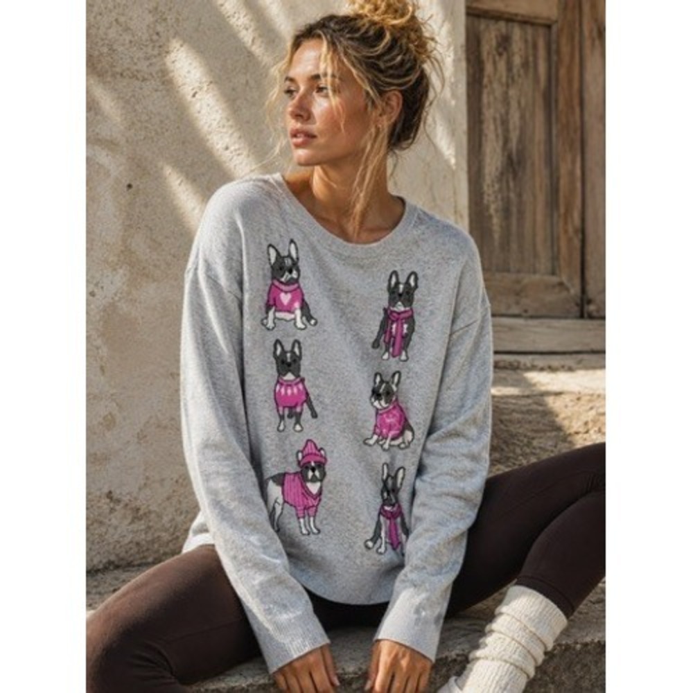 Astrologie French Bulldog Graphic Sweater Gray Pink Frenchie Pullover XL